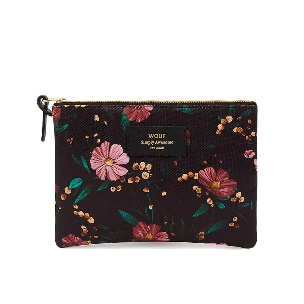 Pouch Large Floral Black with Pink Flowers