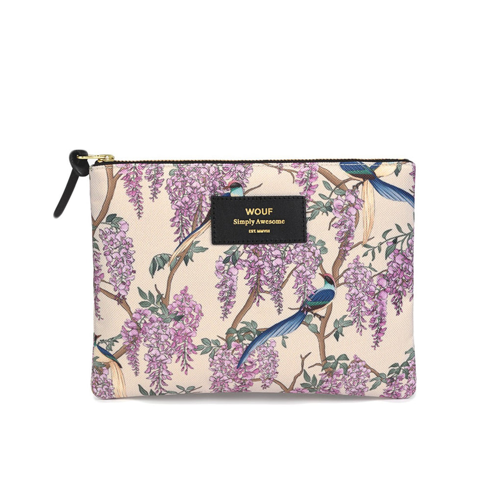 Pouch Flower Floral and Bird Print Large White and Violet Glycine