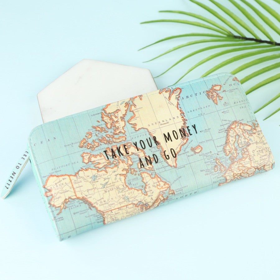 Wallet with Vintage Map Design Blue Faux Leather