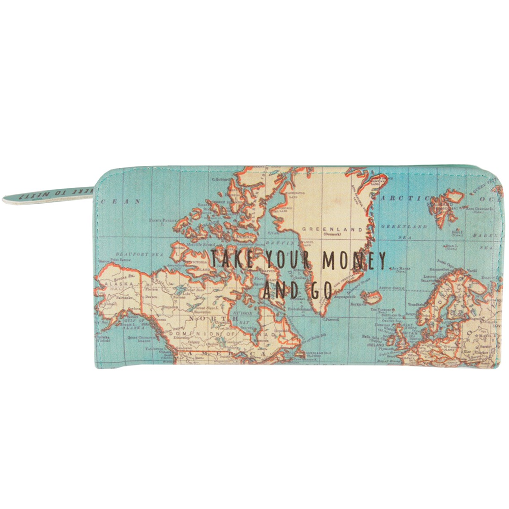 Wallet with Vintage Map Design Blue Faux Leather