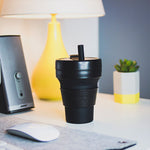 Stojo collapsible cup travel mug 16oz with straw in black