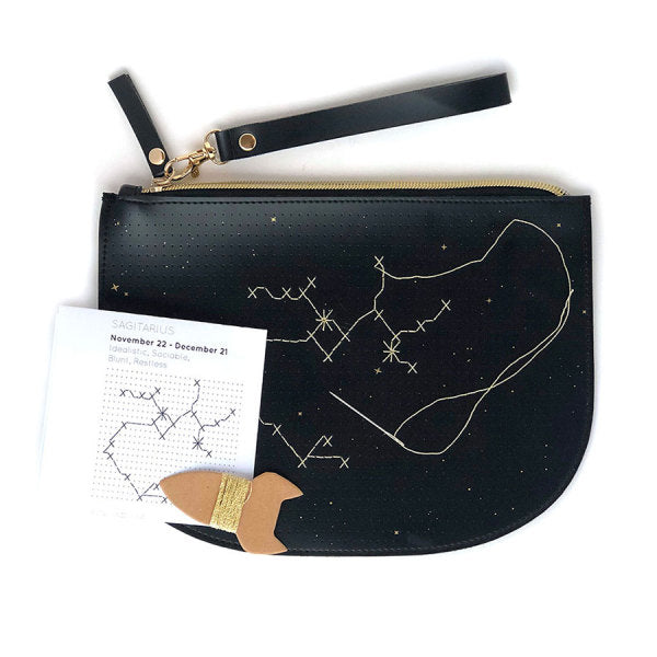 Customisable Zip Pouch Stitch Your Star Sign in Black Faux Leather
