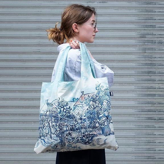 Foldable Tote bag with 'Old Vineyard and Landscape' artwork by Vincent Van Gogh in blue
