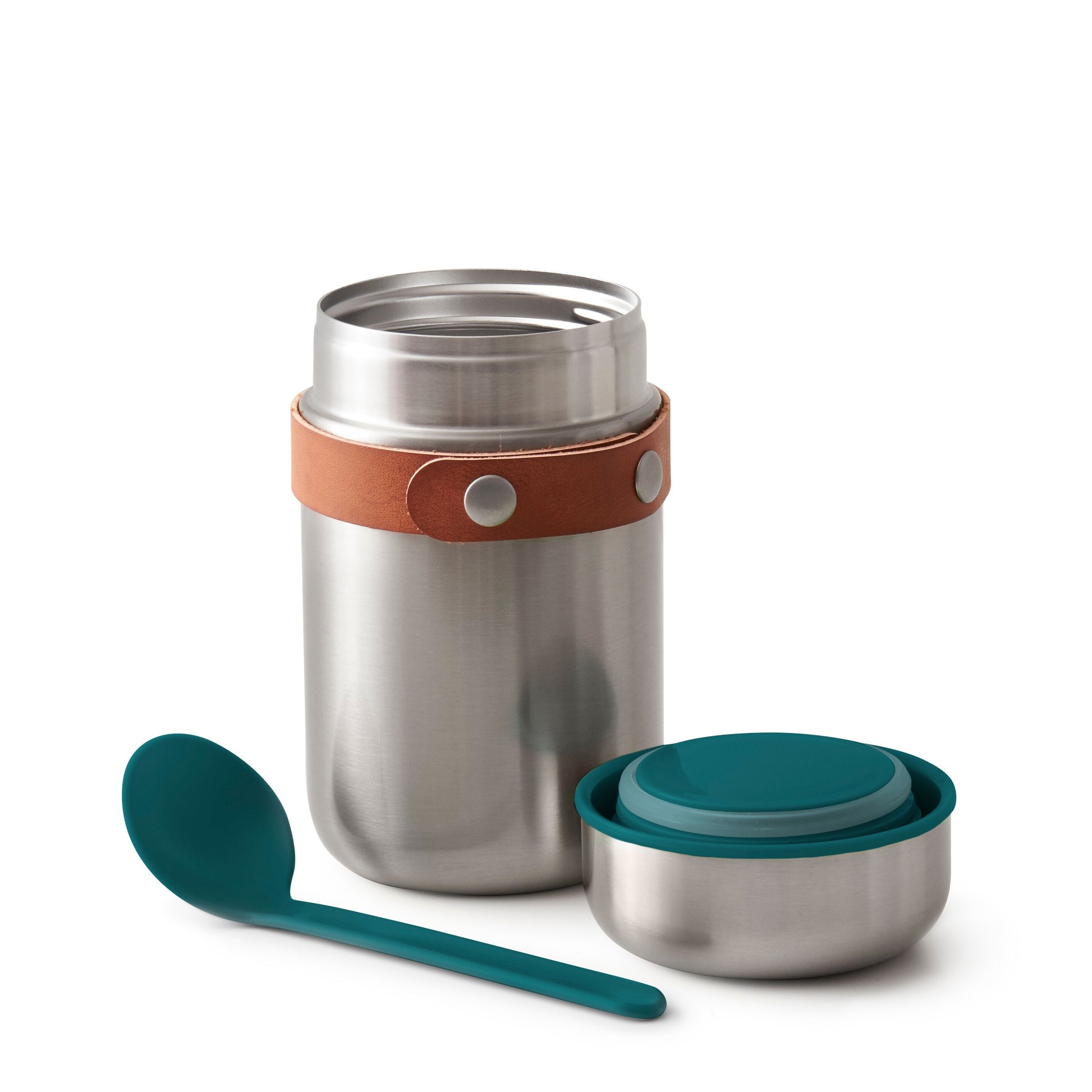 Insulated food flask with spoon from stainless steel in ocean blue